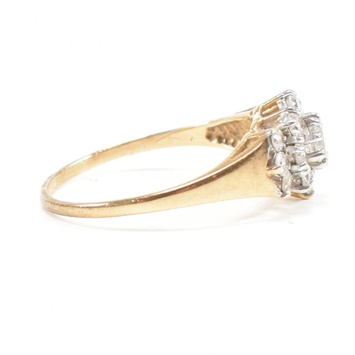 459 - A hallmarked 9ct gold and CZ cluster ring. Weight 2.4g. Size R. All weights, measurements and sizes ... 