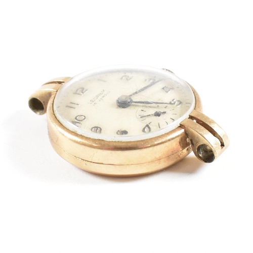 477 - 9ct gold ladies dress watch by Leonex having inset 15 jewel Swiss movement. Lacking strap.  Weight 1... 