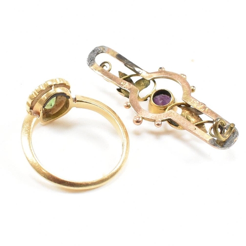 479 - An 18ct gold paste and pearl cluster ring together with a part 9ct gold and amethyst brooch pin. The... 