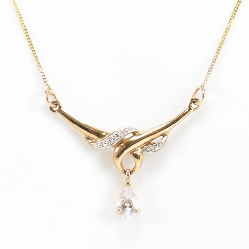 49 - A hallmarked 9ct gold CZ pendant necklace and earring suite. Weight 2.7g. Measures Necklace 48cm, ea... 