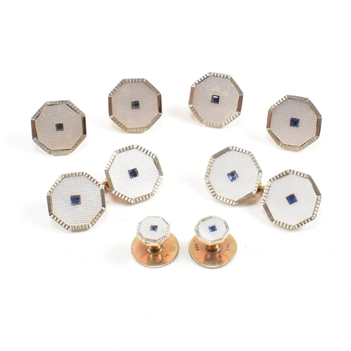 5 - An early 20th century Art Deco cased gold and sapphire gentleman's button stud shirt set. The set co... 