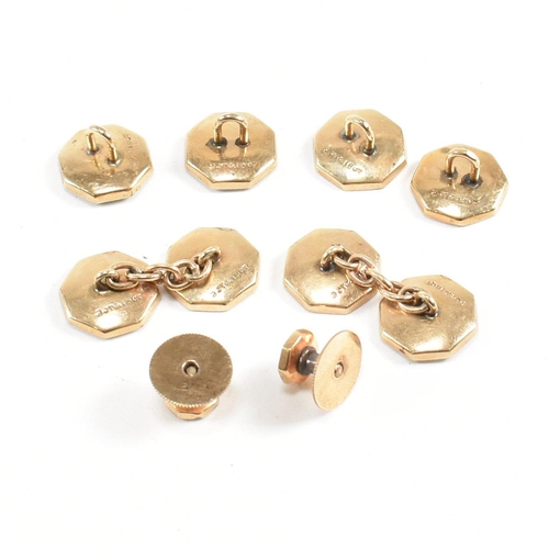 5 - An early 20th century Art Deco cased gold and sapphire gentleman's button stud shirt set. The set co... 