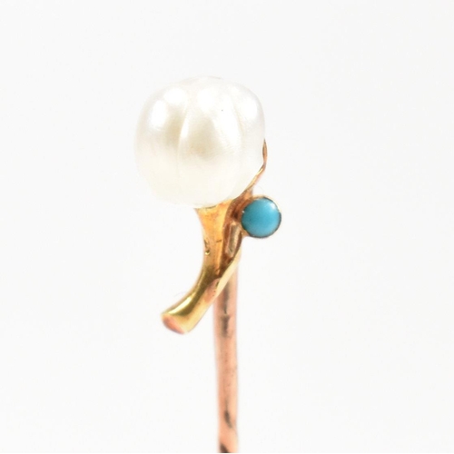 54 - A cased 19th century gold, pearl and turquoise stick pin in the form of a flower. Stamped 9ct to pin... 