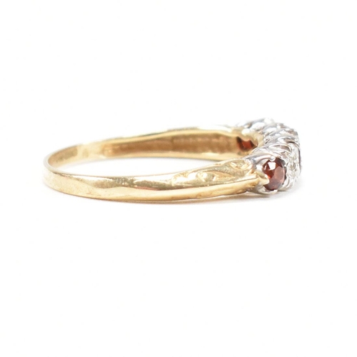 57 - A hallmarked garnet and diamond half hoop ring. Hallmarked Sheffield. Weight 2.1g. Size P.  Weights,... 