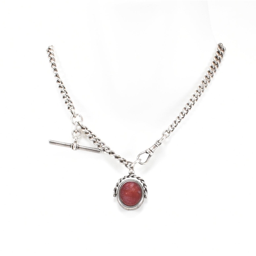 79 - A hallmarked 925 silver watch chain and fob. The swivel fob set with bloodstone and carnelian. Lion ... 