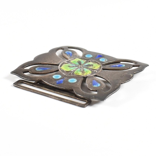 80 - An Art Nouveau hallmarked silver and enamel belt buckle. The buckle decorated with blue green and ye... 