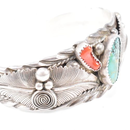 89 - A signed Lester Craig Navajo Diné Sterling Silver turquoise and coral cuff bangle. Stamped Les Craig... 