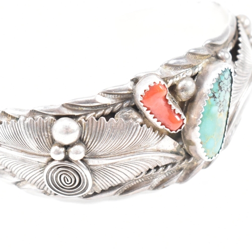 89 - A signed Lester Craig Navajo Diné Sterling Silver turquoise and coral cuff bangle. Stamped Les Craig... 