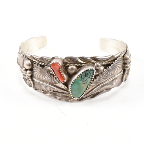 89 - A signed Lester Craig Navajo Diné Sterling Silver turquoise and coral cuff bangle. Stamped Les Craig... 