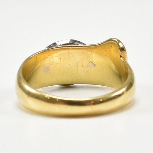 342 - A hallmarked 18ct yellow gold, diamond & enamel buckle ring. The ring in the form of a fastened belt... 