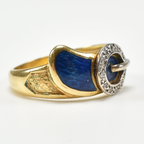 342 - A hallmarked 18ct yellow gold, diamond & enamel buckle ring. The ring in the form of a fastened belt... 