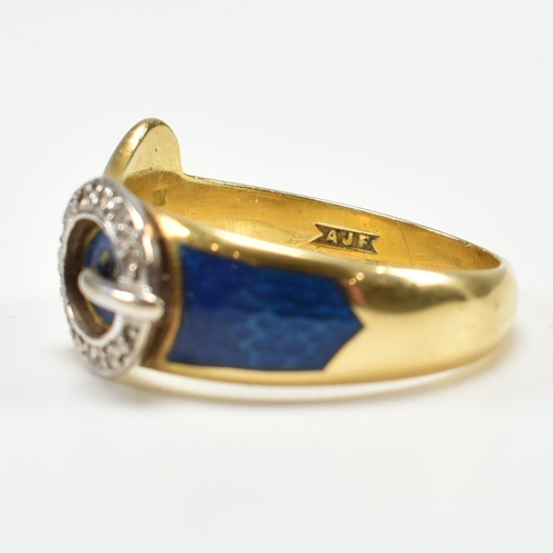 342 - A hallmarked 18ct yellow gold, diamond & enamel buckle ring. The ring in the form of a fastened belt... 