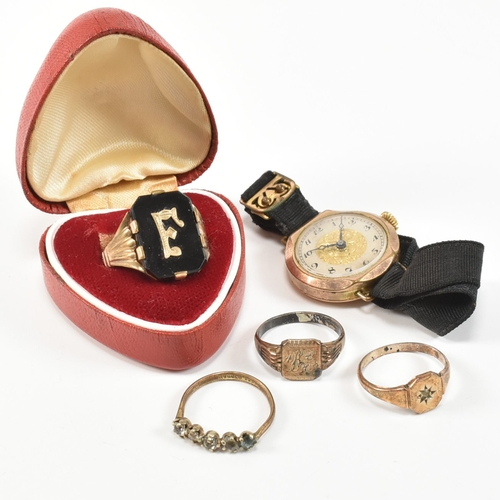 192 - An assorted collection of Victorian and later rolled gold rings and a wristwatch. The lot to include... 