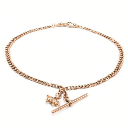 355 - A hallmarked antique 9ct rose gold albert T bar chain & charm. The pocket watch chain of graduating ... 