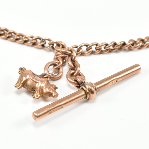 355 - A hallmarked antique 9ct rose gold albert T bar chain & charm. The pocket watch chain of graduating ... 