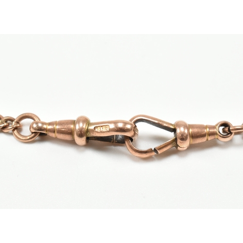 355 - A hallmarked antique 9ct rose gold albert T bar chain & charm. The pocket watch chain of graduating ... 