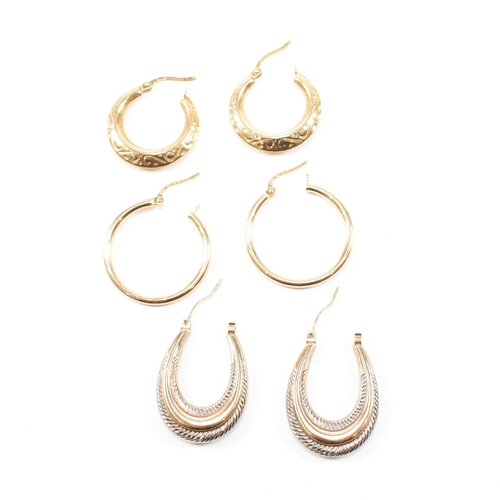 380 - Two pairs of Italian 9ct gold tube hoop earrings together with a pair of unmarked pair of yellow and... 