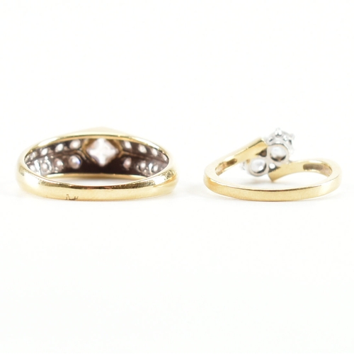 419 - Two 14ct gold and cz dress rings. The lot to include a two stone crossover ring hallmarked London, s... 