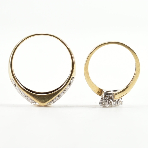 419 - Two 14ct gold and cz dress rings. The lot to include a two stone crossover ring hallmarked London, s... 