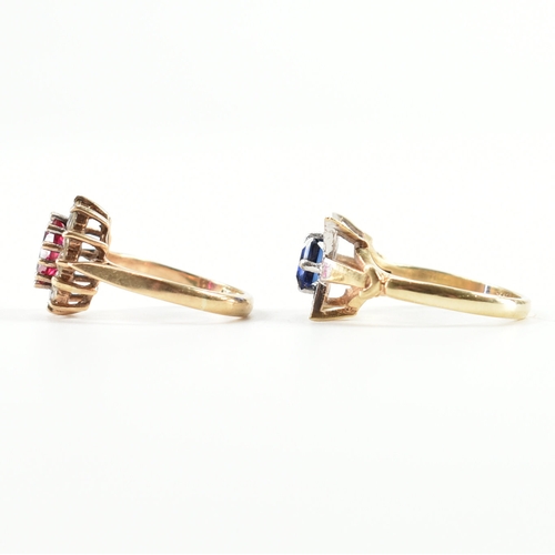 424 - Two hallmarked 9ct gold stone set rings. The lot to include a synthetic ruby ring surrounded by whit... 