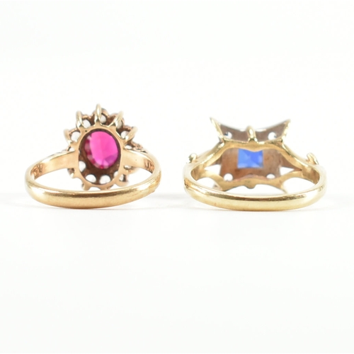 424 - Two hallmarked 9ct gold stone set rings. The lot to include a synthetic ruby ring surrounded by whit... 