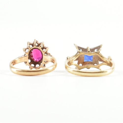 424 - Two hallmarked 9ct gold stone set rings. The lot to include a synthetic ruby ring surrounded by whit... 