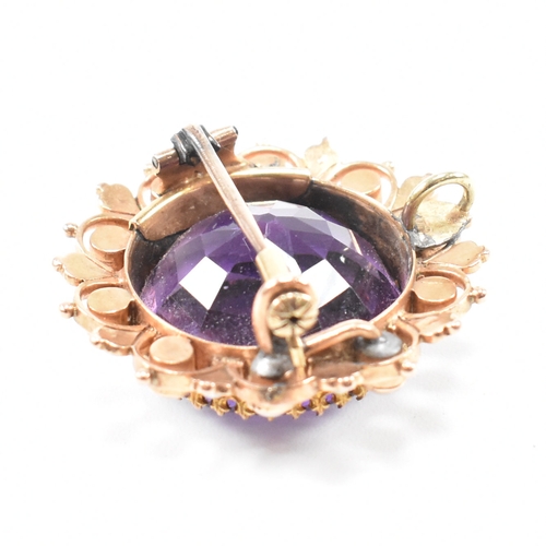 471 - An early 20th century amethyst and pearl brooch pin.  The brooch set with a central mixed cut amethy... 