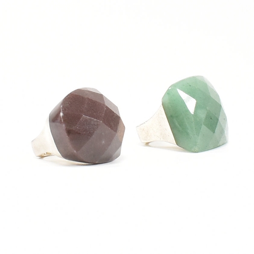 474 - Two 925 silver & quartz set dress rings. The first having a faceted rectangular cut green aventurine... 