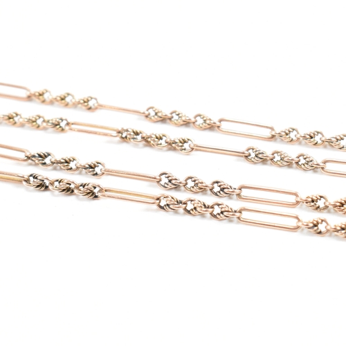 499 - A 9ct gold figaro link necklace chain. The chain having bar links interspersed with three attaching ... 