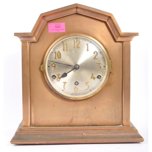 589 - Alba - A large 20th century circa 1940s heavy brass cased mantel clock. The silvered face having gil... 