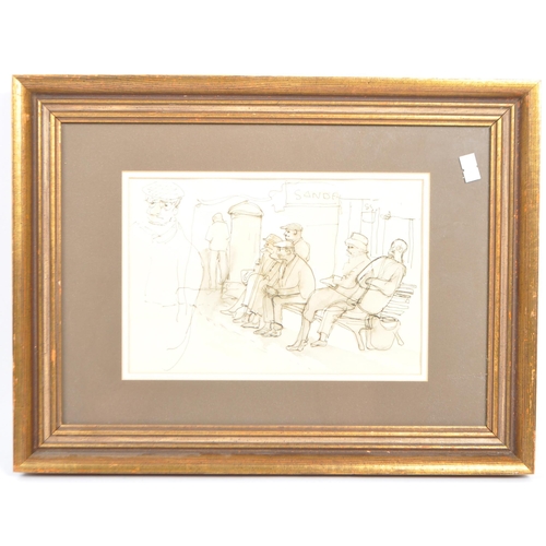 599 - Muriel Mallows - A 20th century ink and watercolour genre scene painting entitled 'Figures in a Long... 