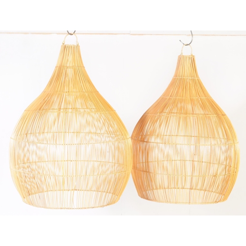 609 - Two retro vintage 20th Century bamboo / wicker rattan ceiling / standard lamp light shade of large d... 
