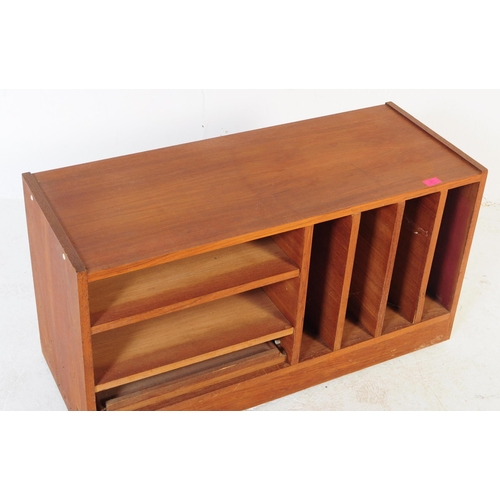 665 - A mid-century, teak wood stereo hi-fi sideboards having wide body with shelving and vinyl record sec... 