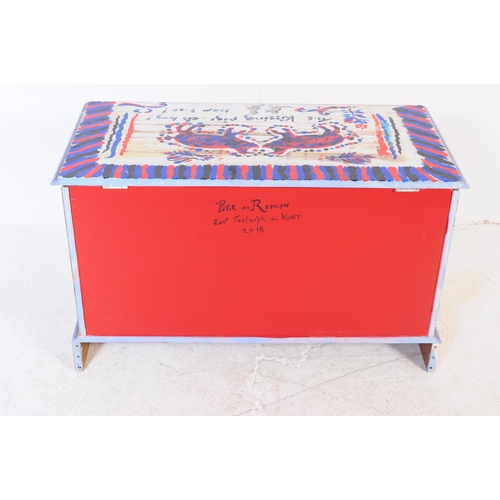 676 - A vintage 20th century painted blanket box / chest. The blanket box having a hand painted design fea... 