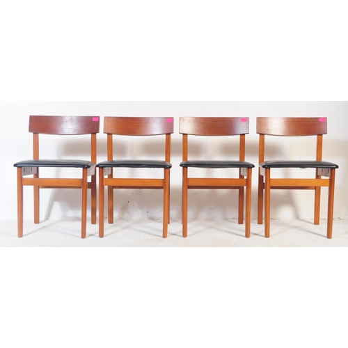 724 - A set of four mid 20th century circa 1960s teak Danish style dining chairs. The chairs each having s... 