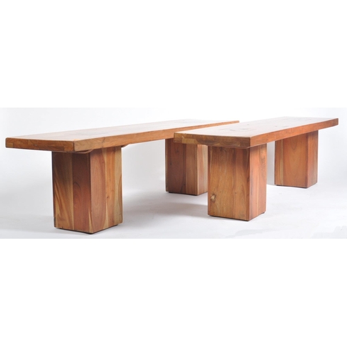 750 - A pair of vintage 20th century solid teak bespoke hand carved interior & exterior benches / tables. ... 