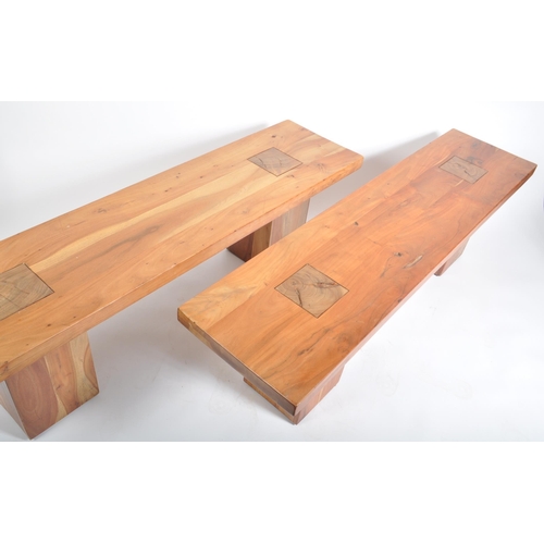 750 - A pair of vintage 20th century solid teak bespoke hand carved interior & exterior benches / tables. ... 