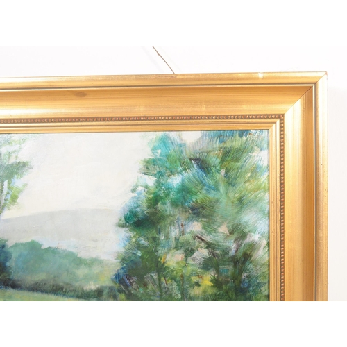 772 - Pauline Browne - A 20th century acrylic on board painting to depict a meadow in foreground with tree... 