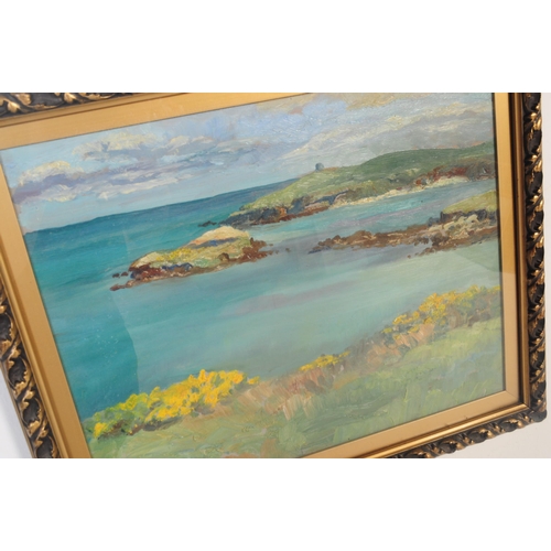 774 - An early 20th century oil on board seascape painting to depict a headland with gorse in foreground. ... 