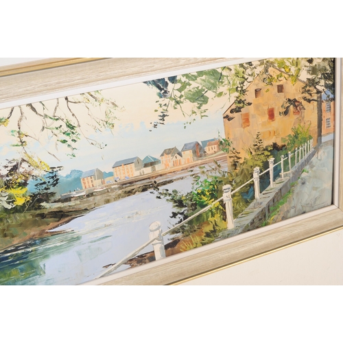 775 - Harley Crossley (1936-2013) A 20th century oil on board palette knife painting to depict a riverside... 