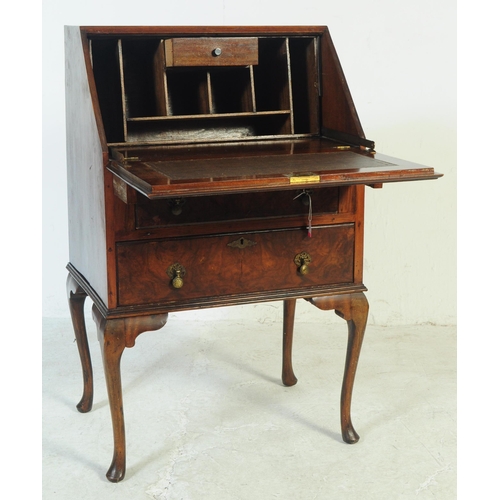 789 - A Queen Anne revival walnut ladies writing bureau desk with quartered burr walnut to angled front. R... 