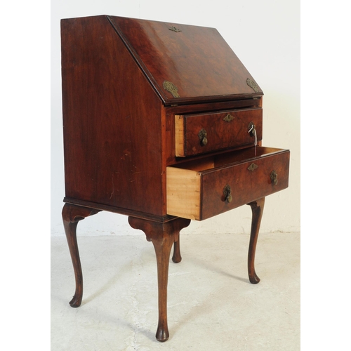 789 - A Queen Anne revival walnut ladies writing bureau desk with quartered burr walnut to angled front. R... 