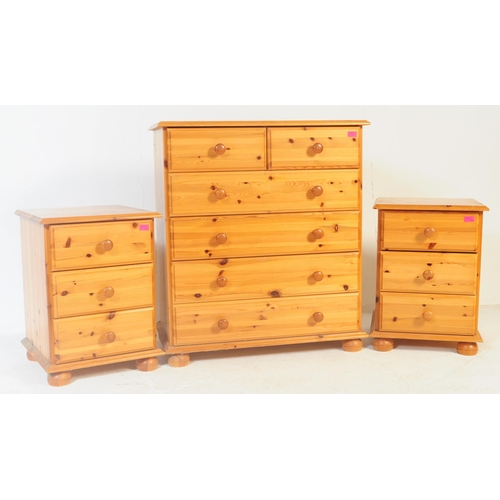 842 - A three piece collection of contemporary country pine revival to include a pair of bedside chest of ... 