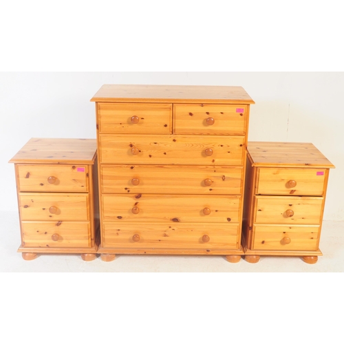 842 - A three piece collection of contemporary country pine revival to include a pair of bedside chest of ... 