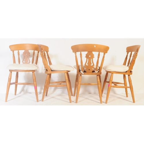 843 - A contemporary country pine revival pedestal dining room table together with a set of dining chairs.... 