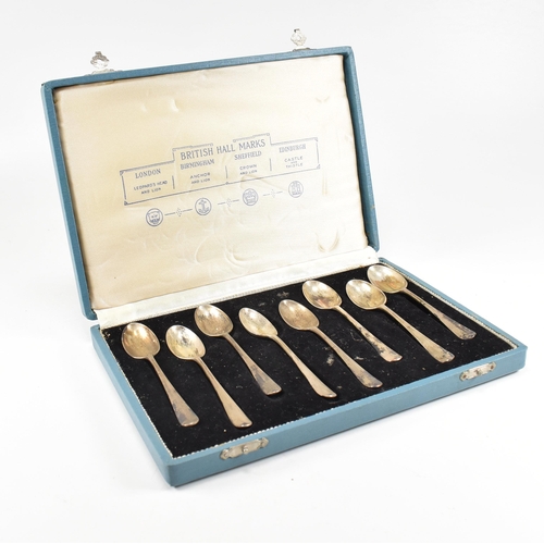 132 - A 1970's set of eight 'British Hall Marks' Hallmarked Silver Spoons. The spoons having a rats tail d... 