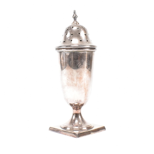 138 - A Mid Century hallmarked silver sugar caster. The sifter having a square base rising to plinth form.... 