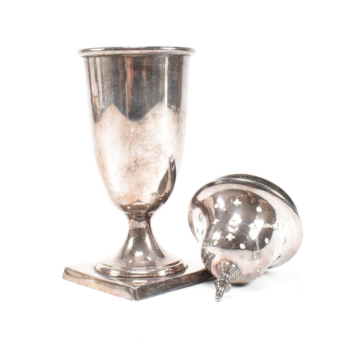 138 - A Mid Century hallmarked silver sugar caster. The sifter having a square base rising to plinth form.... 