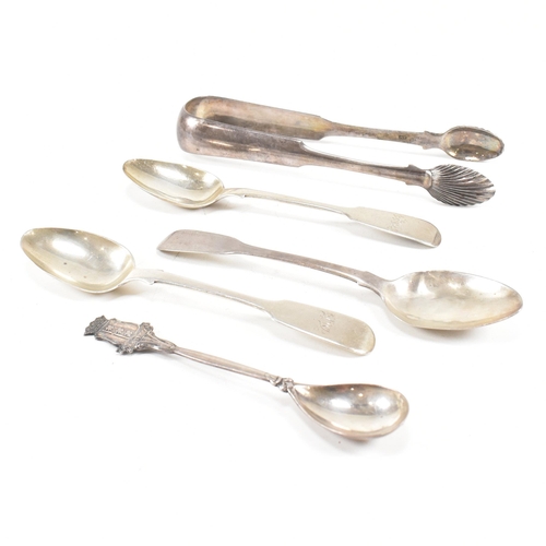 143 - A collection of hallmarked silver items. The lot to include a pair of George III sugar tongs. The Ge... 