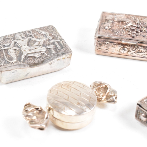 152 - A collection of silver and white metal trinket boxes.The boxes having various decorative lids includ... 